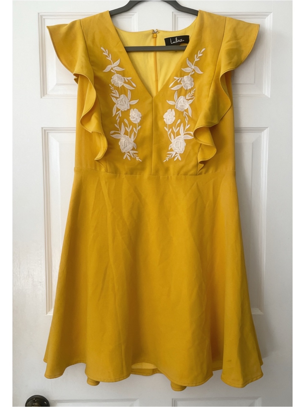 Lulu's yellow ruffle dress with white floral embroidery, like new!